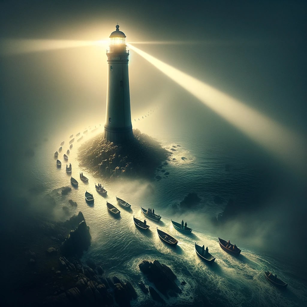 A picture of a lighthouse leading in boats
