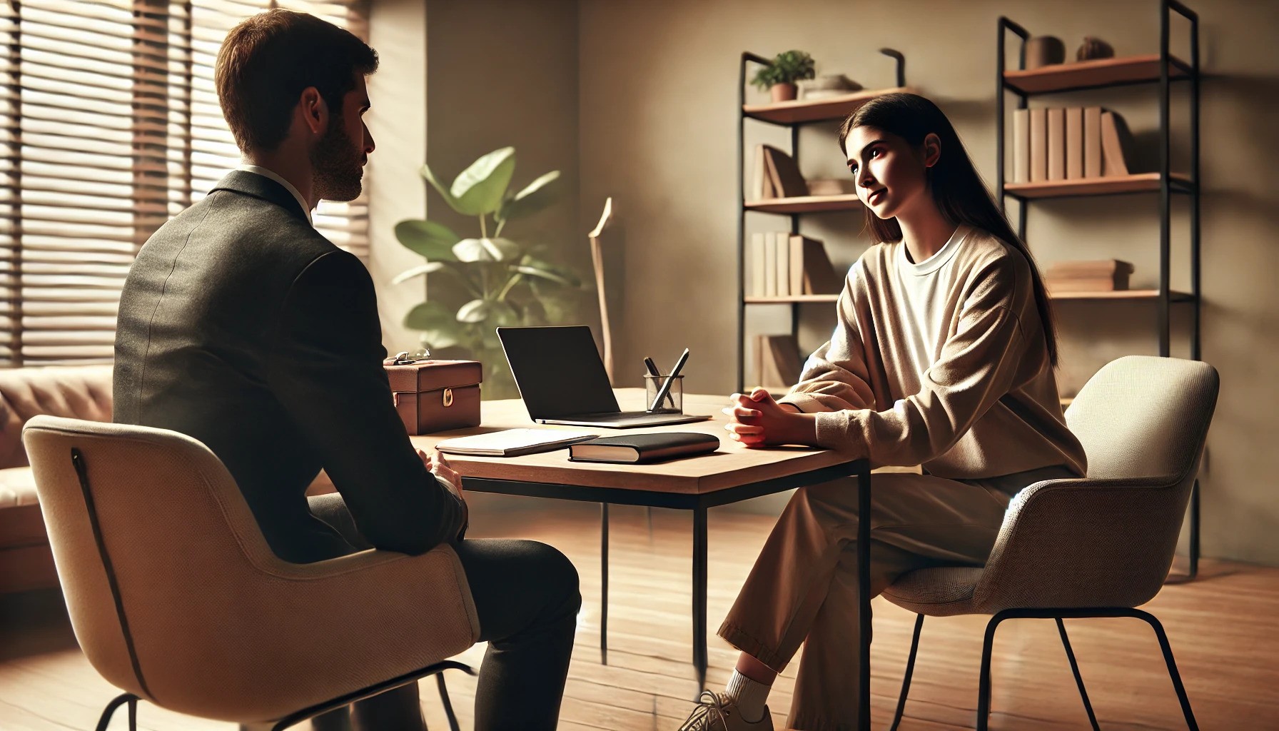 Two people in an office meeting